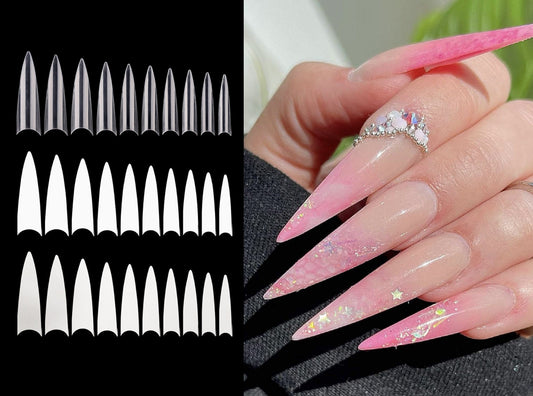 600 pcs Long Half Cover Stiletto False Fake Nails Tips Manicure nail Extension/ Clear Acrylic Sharp nail UV Poly Gel Salon Nail Tips