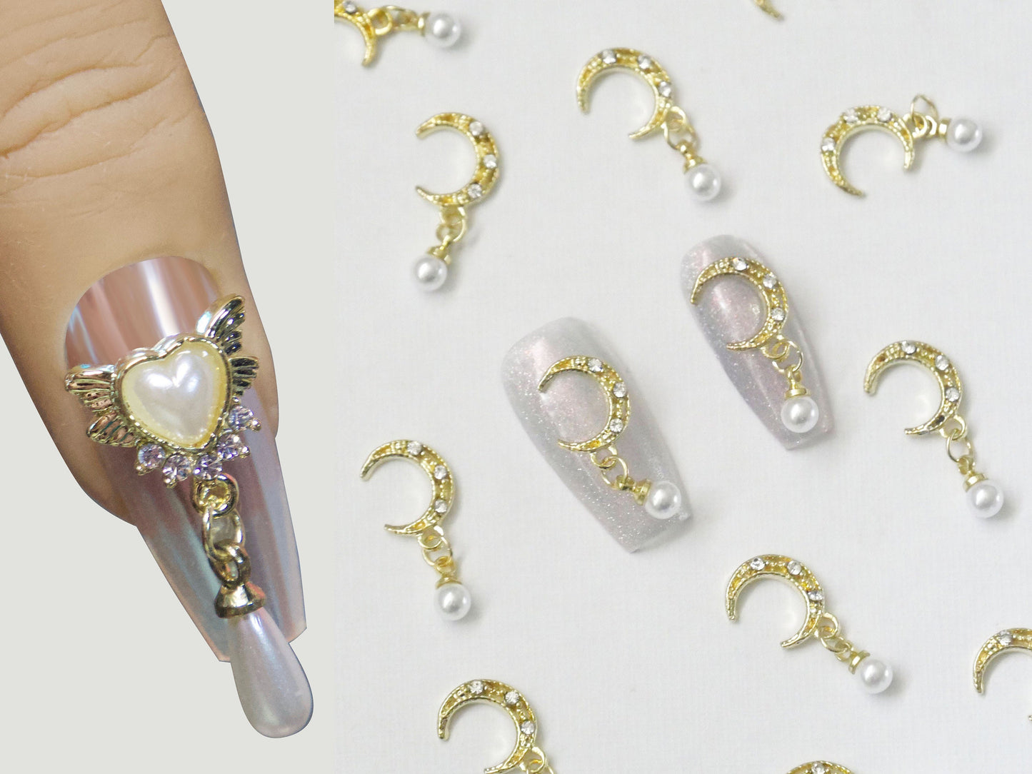 2pcs Heart Wing & New Moon Pearl Nail Dangle/ Gold Nail Drop Decals Nails Jewelry/ Sailor Moon Crescent Theme Vintage Gold Nail Decals