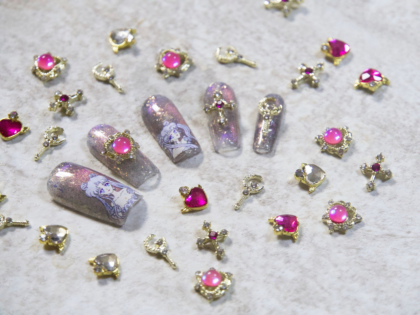 2pcs Heart Wings Moon Cross Nail Decal/ Sailor Moon Gacha Spiral Heart Magical Rod Wand Japanese nail Charms/ Pink Clear Hearts Wing Decals