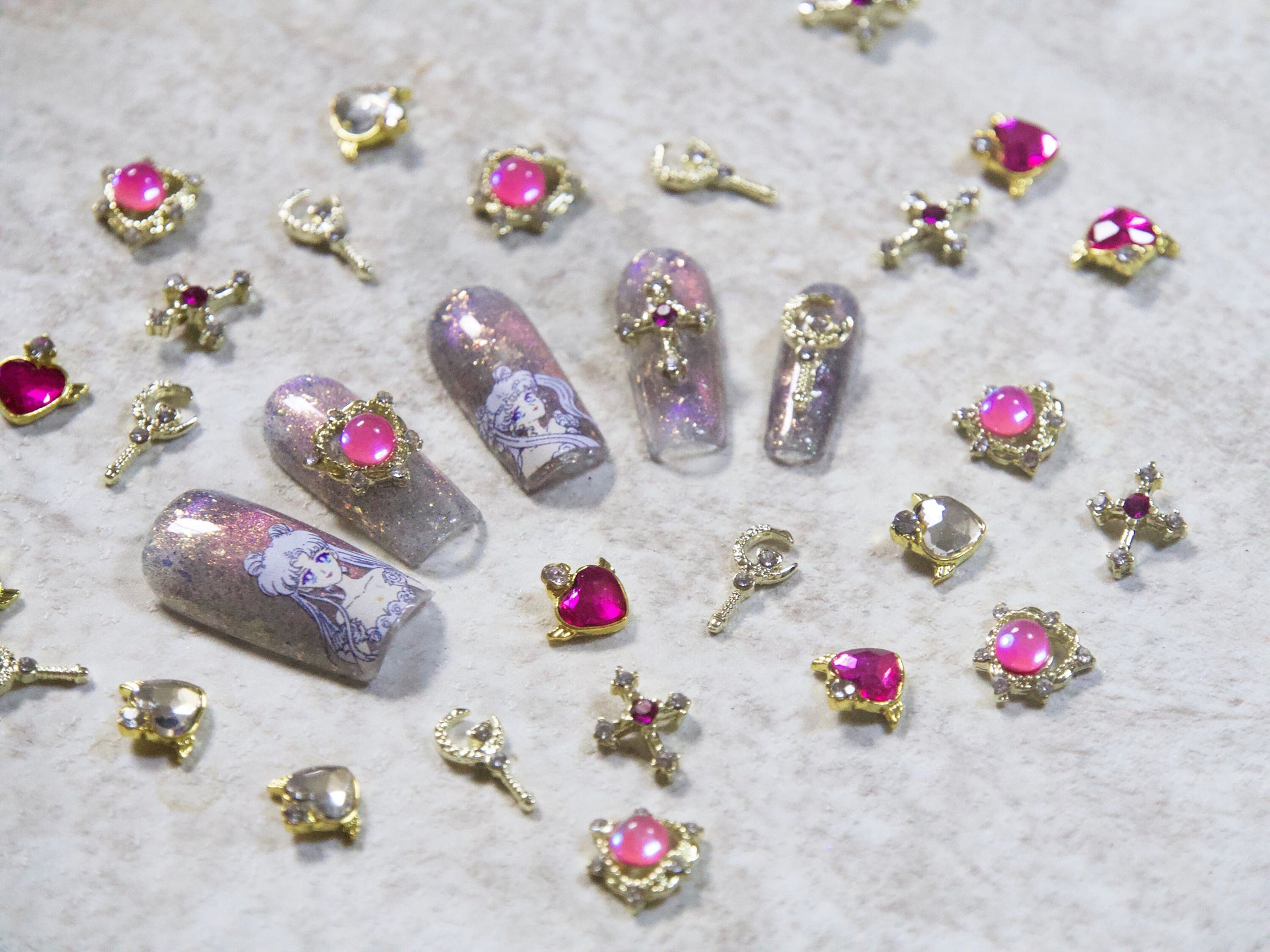 2pcs Heart Wings Moon Cross Nail Decal/ Sailor Moon Gacha Spiral Heart Magical Rod Wand Japanese nail Charms/ Pink Clear Hearts Wing Decals