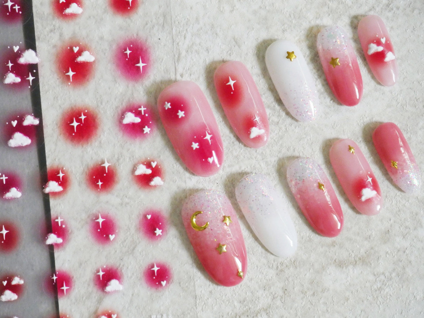 Gradient Pink Sky Cloud Nail stickers/3D Embossing Pinky Starry Sky Nail Art Stickers Self Adhesive Decals/ White Clouds Nails Decals