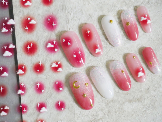 Gradient Pink Sky Cloud Nail stickers/3D Embossing Pinky Starry Sky Nail Art Stickers Self Adhesive Decals/ White Clouds Nails Decals