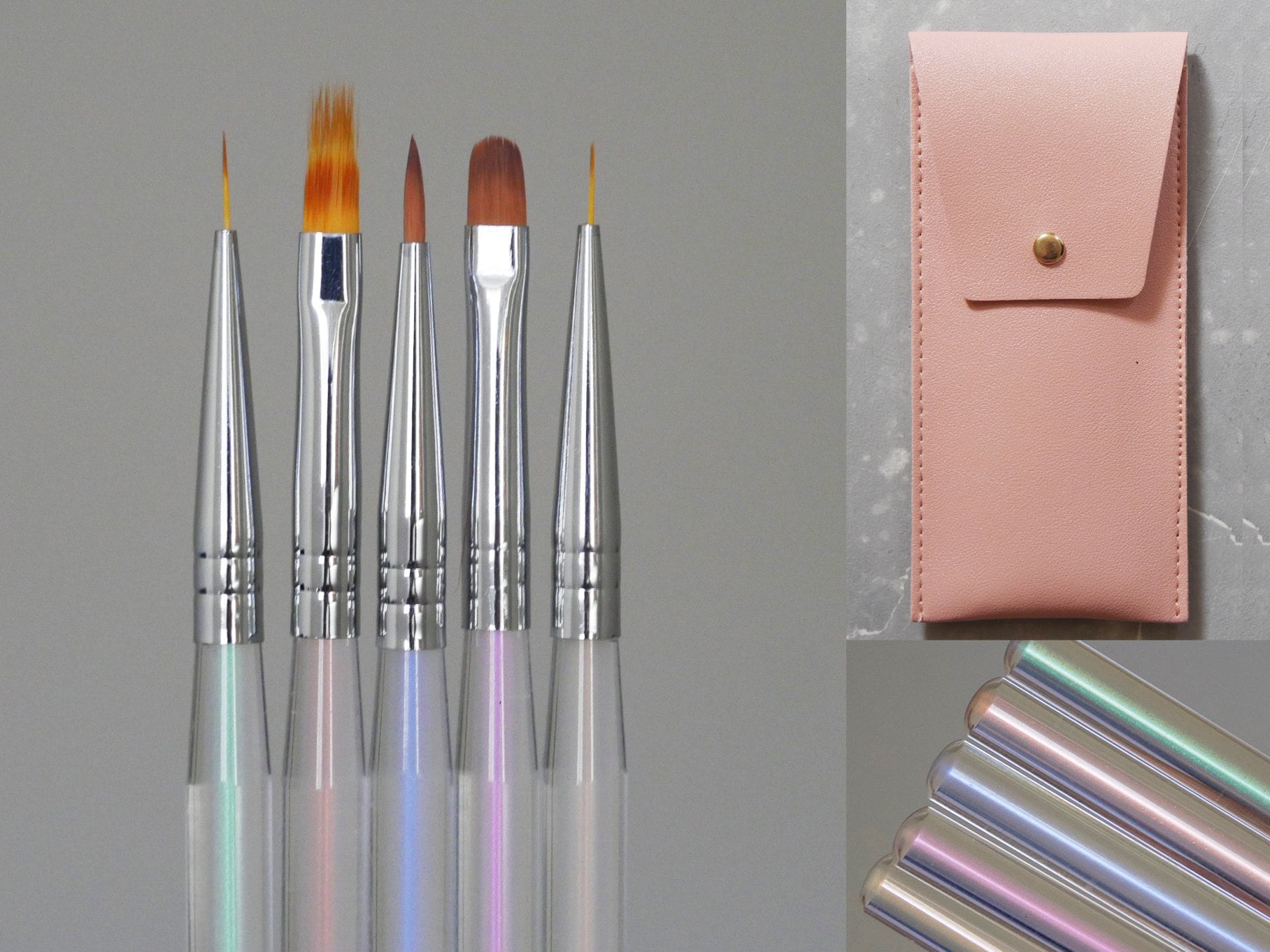 5pcs Polar Light Handle Nail Brush Set/ Detailing Striping Gel Liner Brushes, Painting Brushes, 3D Brush, Ombre Brush, With Pink Case