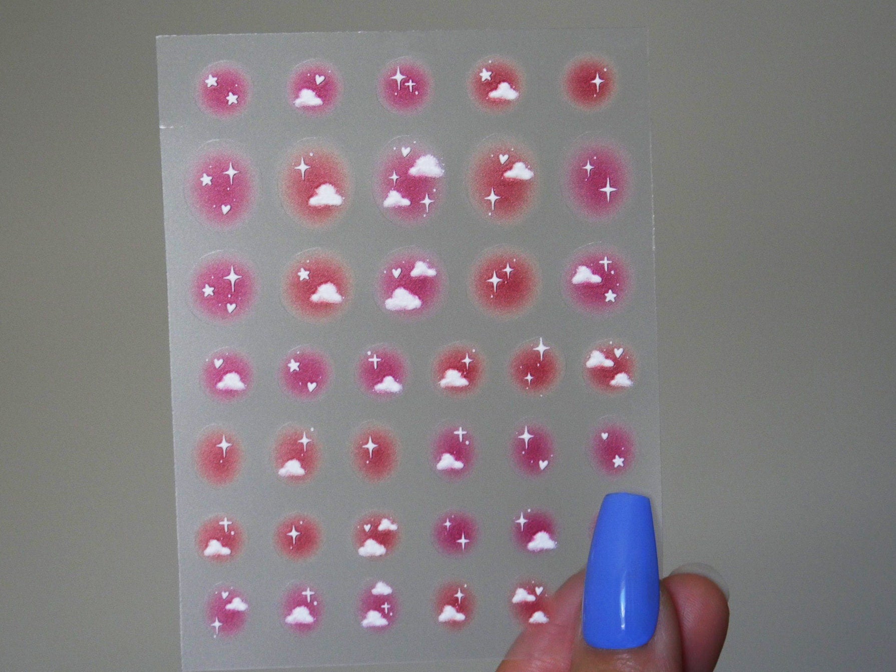 Gradient Pink Sky Cloud Nail stickers/3D Embossing Pinky Starry Sky Nail Art Stickers Self Adhesive Decals/ White Clouds Nails Decals