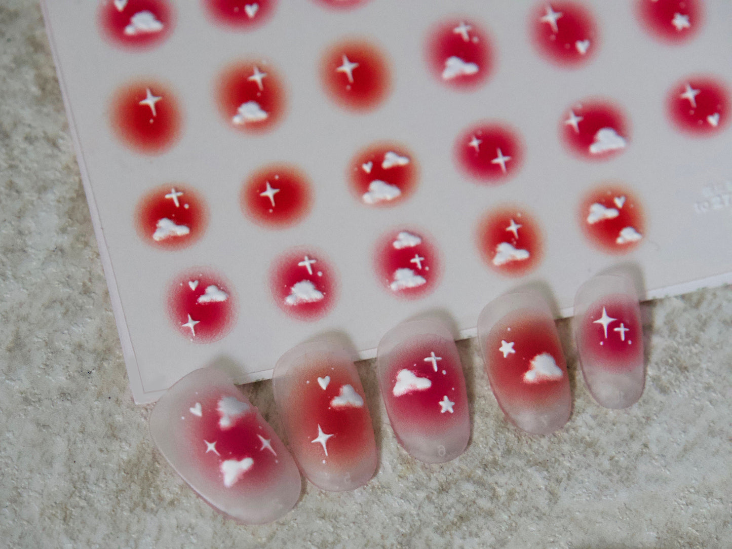 Gradient Pink Sky Cloud Nail stickers/3D Embossing Pinky Starry Sky Nail Art Stickers Self Adhesive Decals/ White Clouds Nails Decals