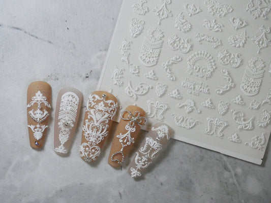 White Vintage Victorian Rococo Revival Nail Sticker/ Wedding Bride Laces Nail Art Peel off stencils/ Retro Renaissance Nails Decals