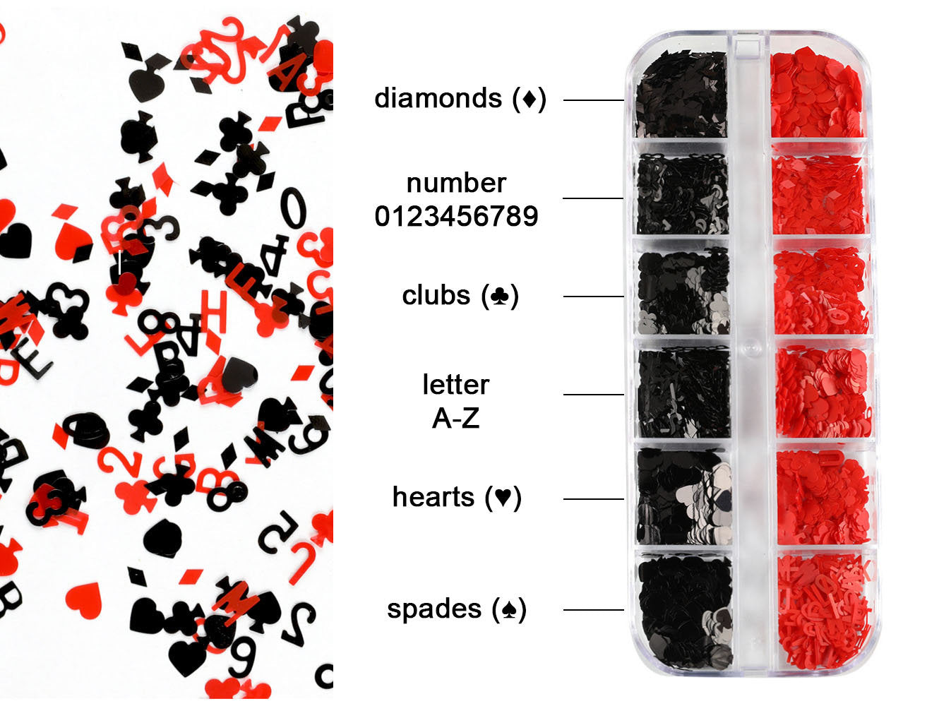 Poker Glitters Clubs Diamonds Hearts Spades English letter Number / Playing card suit Alphabet calligraphic Nail Crafts Supply