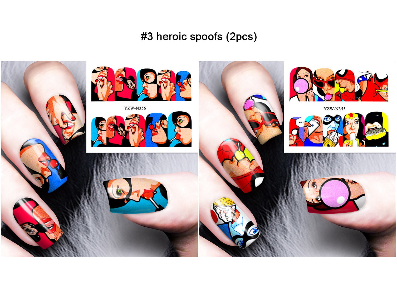 2pcs Naughty Girl Spoofs Pop Art Nail Tattoos/ Sexy Lips Graffiti Water transfer Nail sticker/ Superhero Parodies Cat Women Nail Decals