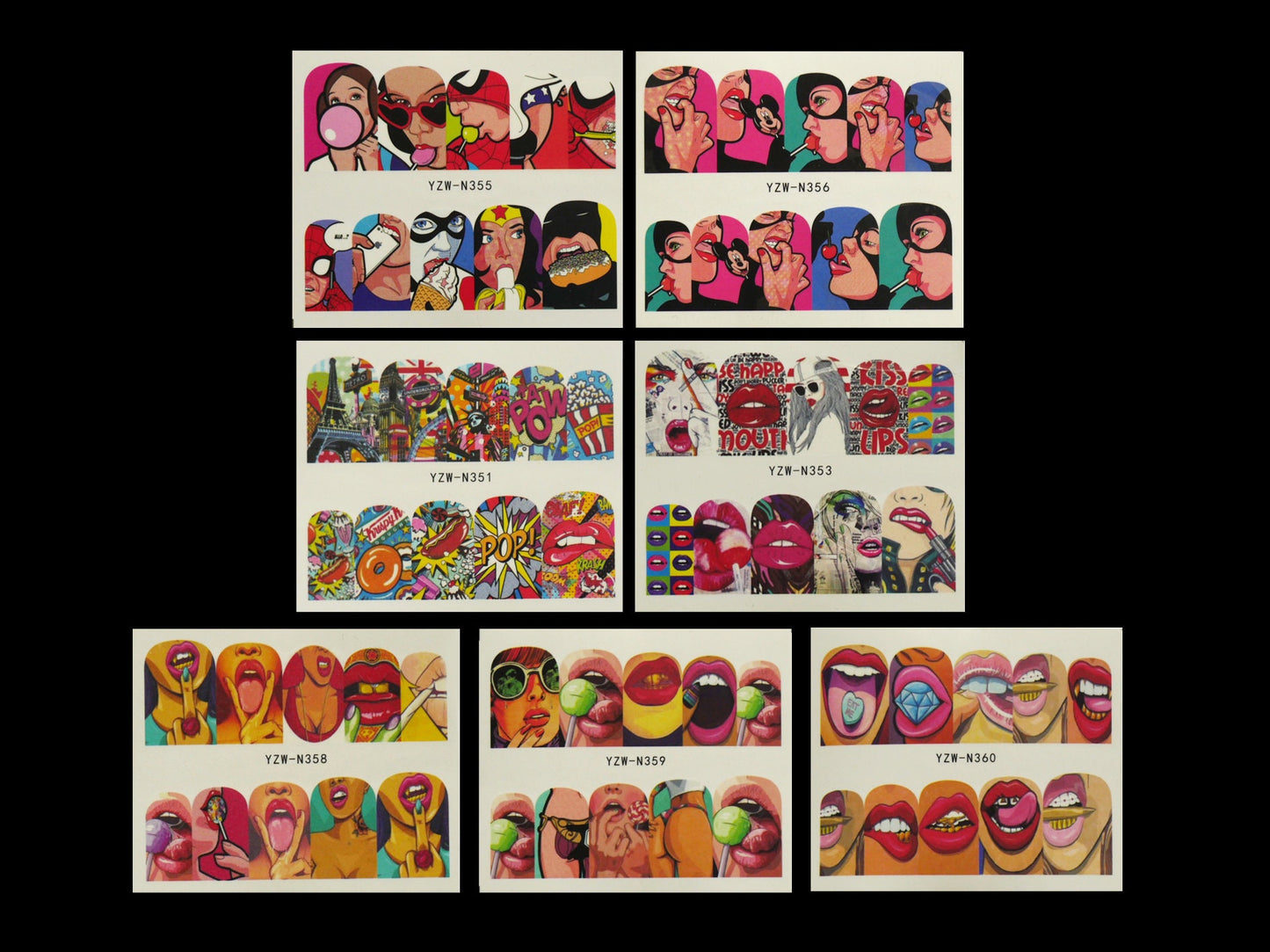 2pcs Naughty Girl Spoofs Pop Art Nail Tattoos/ Sexy Lips Graffiti Water transfer Nail sticker/ Superhero Parodies Cat Women Nail Decals