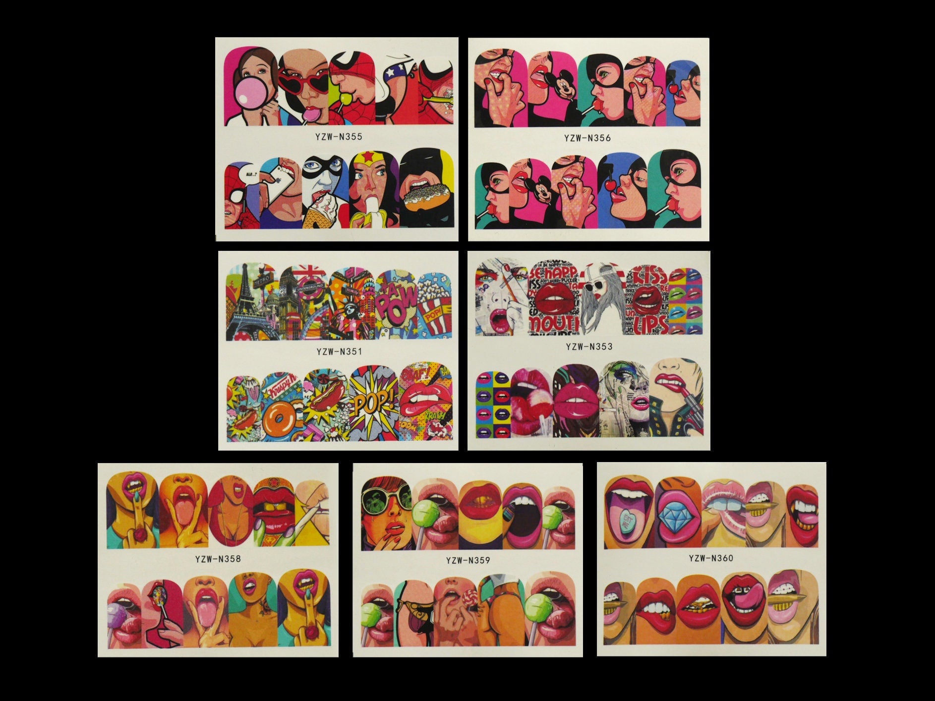 2pcs Naughty Girl Spoofs Pop Art Nail Tattoos/ Sexy Lips Graffiti Water transfer Nail sticker/ Superhero Parodies Cat Women Nail Decals