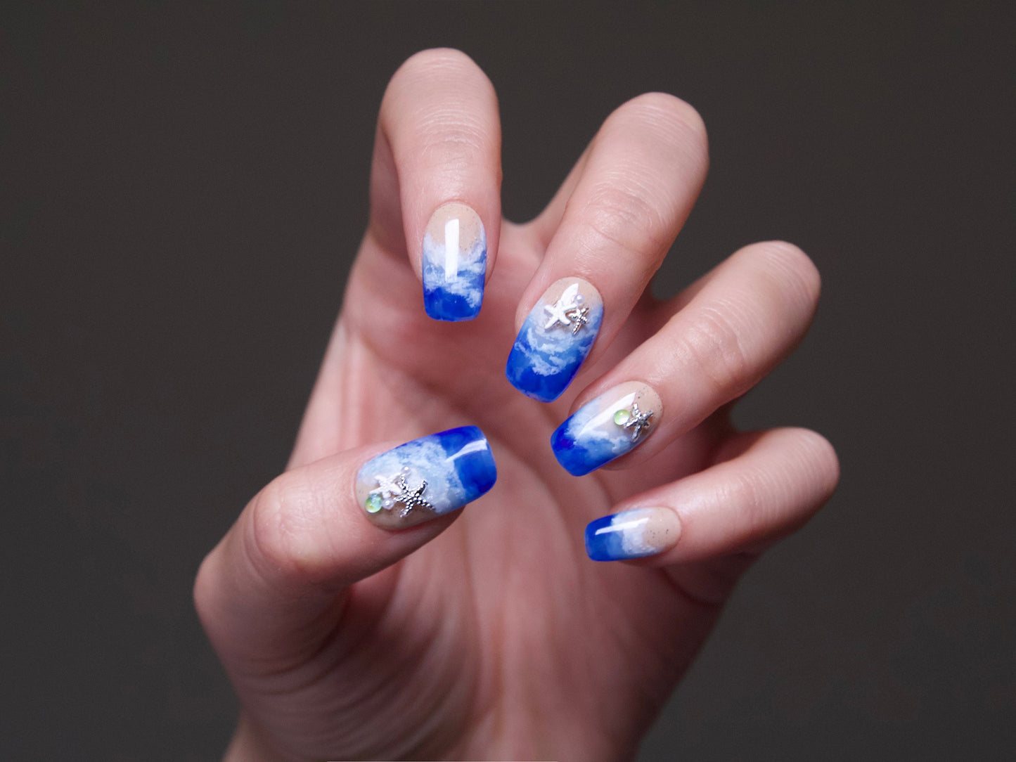 Blue ocean and beach nail design with 3D Sea star nail decoration