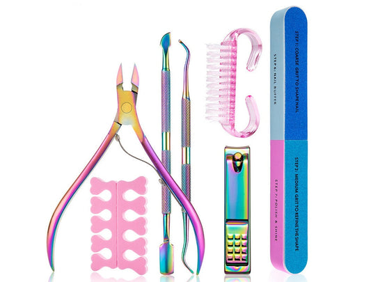 7pc Nail Care Tool Kit/ Cuticle Nippers, Cuticle Pusher, Nail Brush, Clipper, Buffer, Trimmer, Toe Separator for Manicure and Pedicure