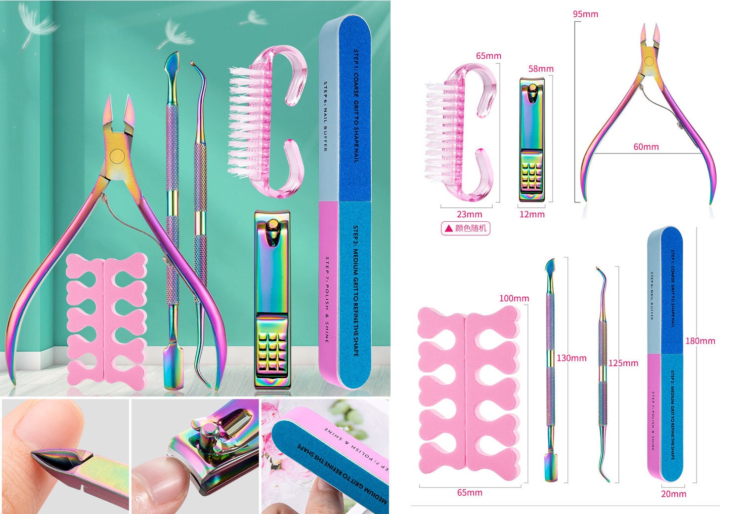 7pc Nail Care Tool Kit/ Cuticle Nippers, Cuticle Pusher, Nail Brush, Clipper, Buffer, Trimmer, Toe Separator for Manicure and Pedicure