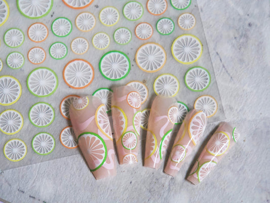Lemon Lime Orange Nail Art Sticker/ Juicy Fruits DIY Tips Guides peel off Stickers/ Orange Yellow Green Kawaii Summer Nails Decal