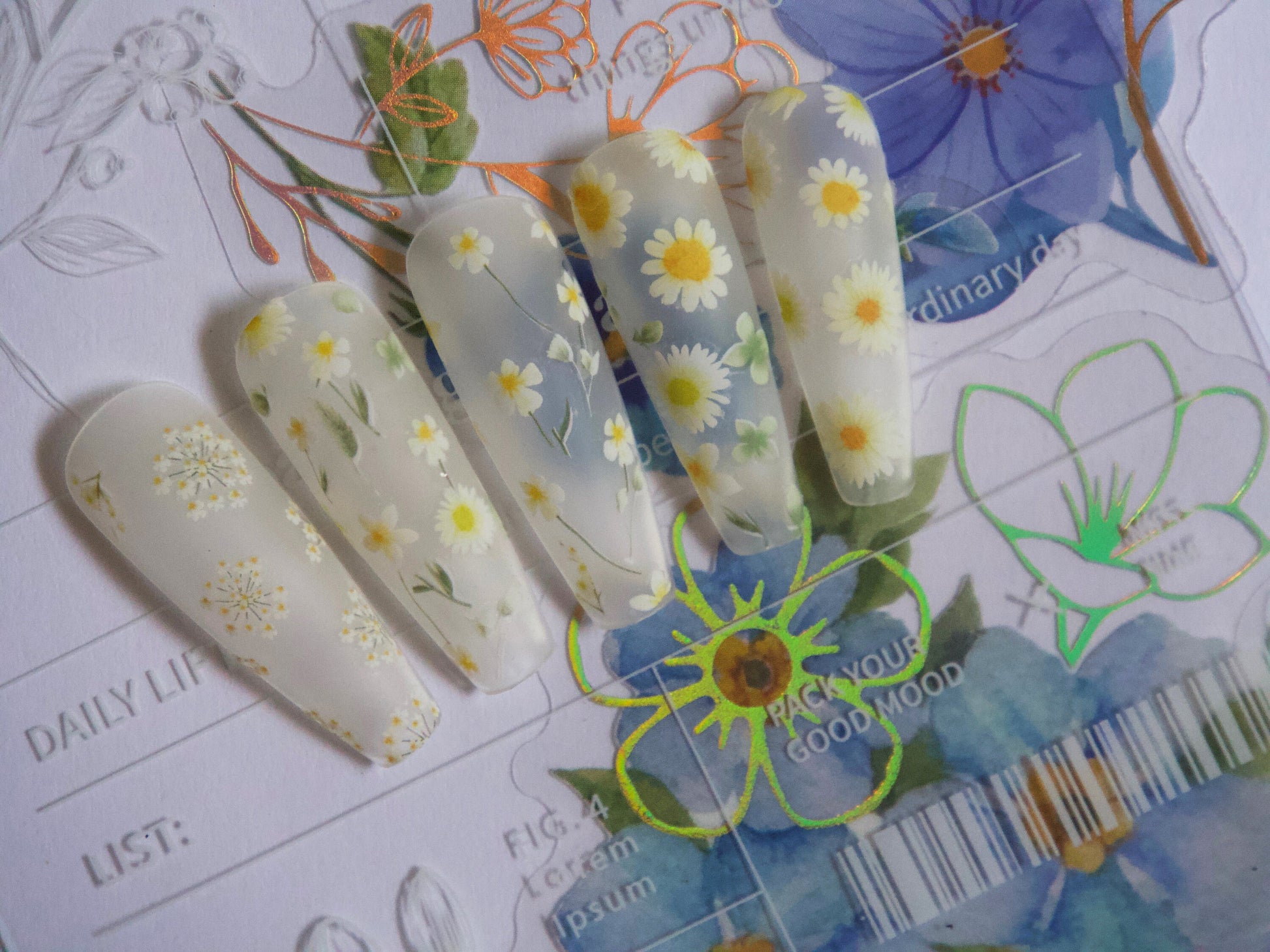 Dandelion & Daisy flower Nail Art Sticker/ Queen Anne's Lace Peel off daisies Stickers/ Chrysanthemum Oxeye leaf Bouquet Blossom Sticker