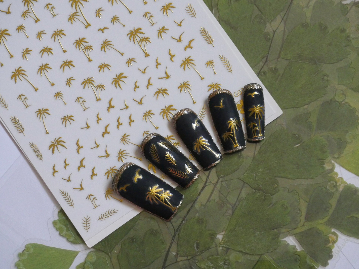 Palm tree Seagull gold nail sticker/ Tropical Summer Beach California Hawaii Island Ocean theme Self Adhesive Decals