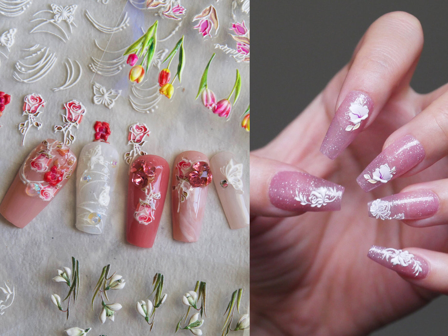 5D Flower Garden Series Embossed nail sticker/Peel off 3D Floral Nail adhesive/ Rose Sakura Lace Lily Better no Hand painted Easy Nail art