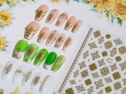 Gilding Vintage Royal Carving Nail sticker/ Silver Gold Embossed Bohemian Pattern 3D Manicure Stickers for nail art/ Retro Elegance Nails