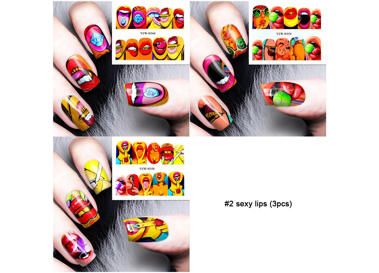 2pcs Naughty Girl Spoofs Pop Art Nail Tattoos/ Sexy Lips Graffiti Water transfer Nail sticker/ Superhero Parodies Cat Women Nail Decals