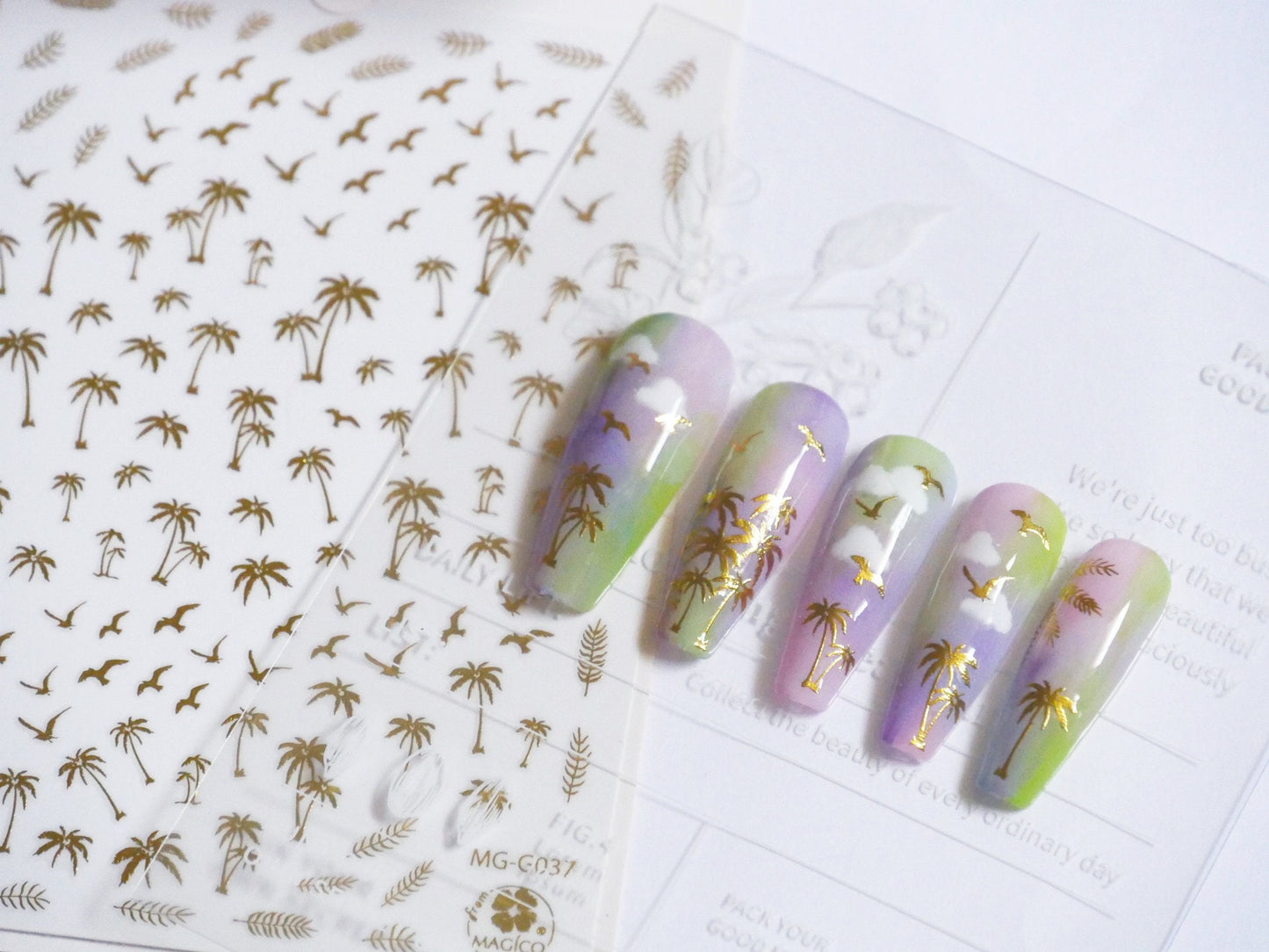 Palm tree Seagull gold nail sticker/ Tropical Summer Beach California Hawaii Island Ocean theme Self Adhesive Decals