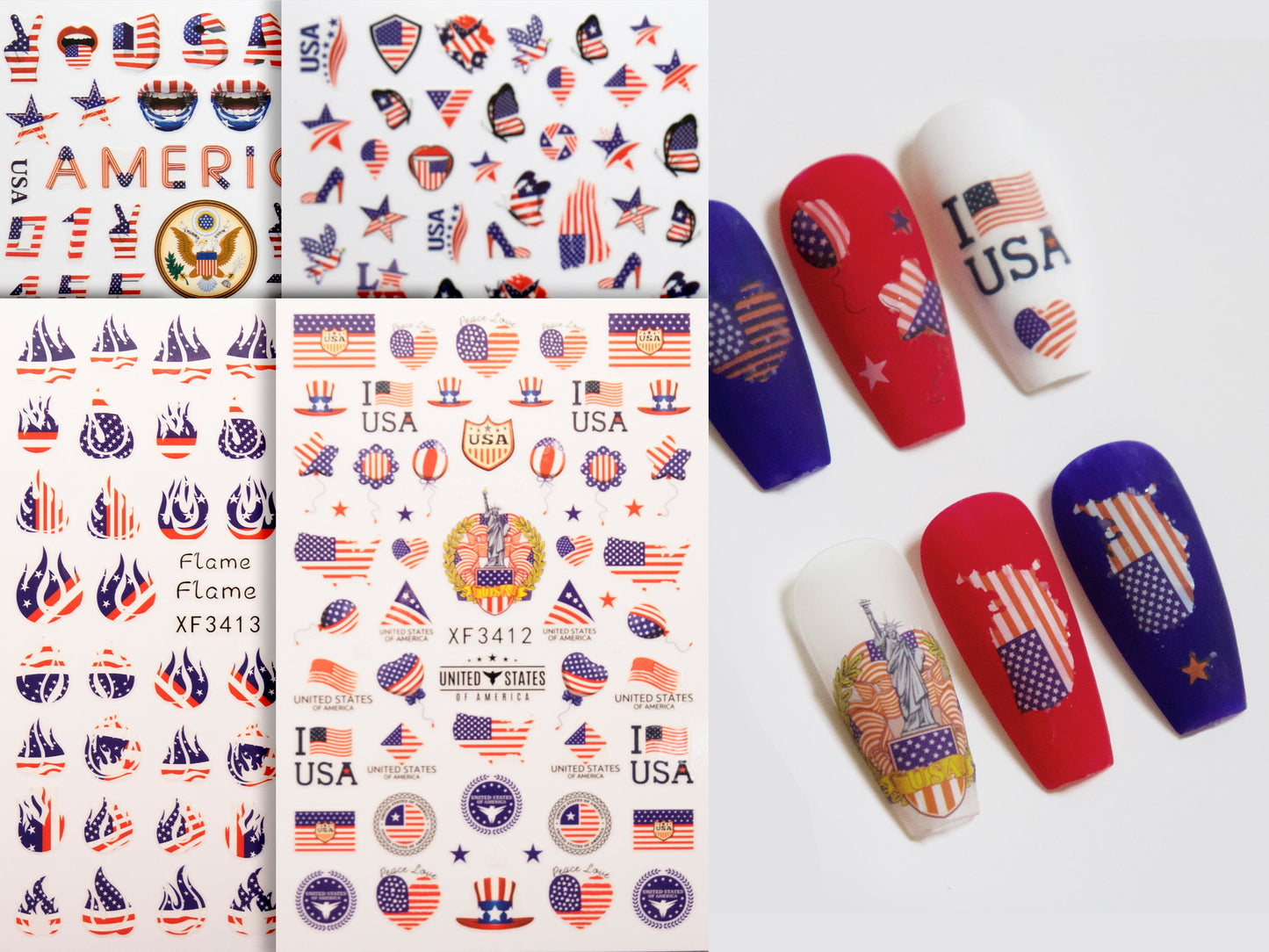 Fourth of July 4pcs USA Flag nail sticker/United States Nails Art Stickers Decals/ Independence Day I Love America Memorial Day Sticker