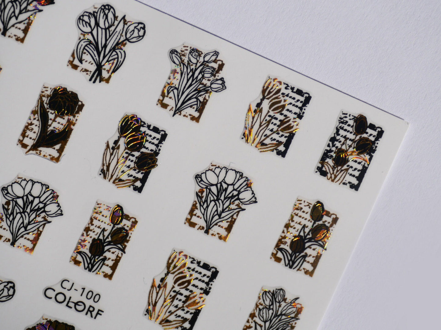 Flower Halo Gold Framed Nail Sticker/ Iridescent Tulip Floral Nail Art Stickers Self Adhesive Decals/ Black White Peel off sticker Manicure