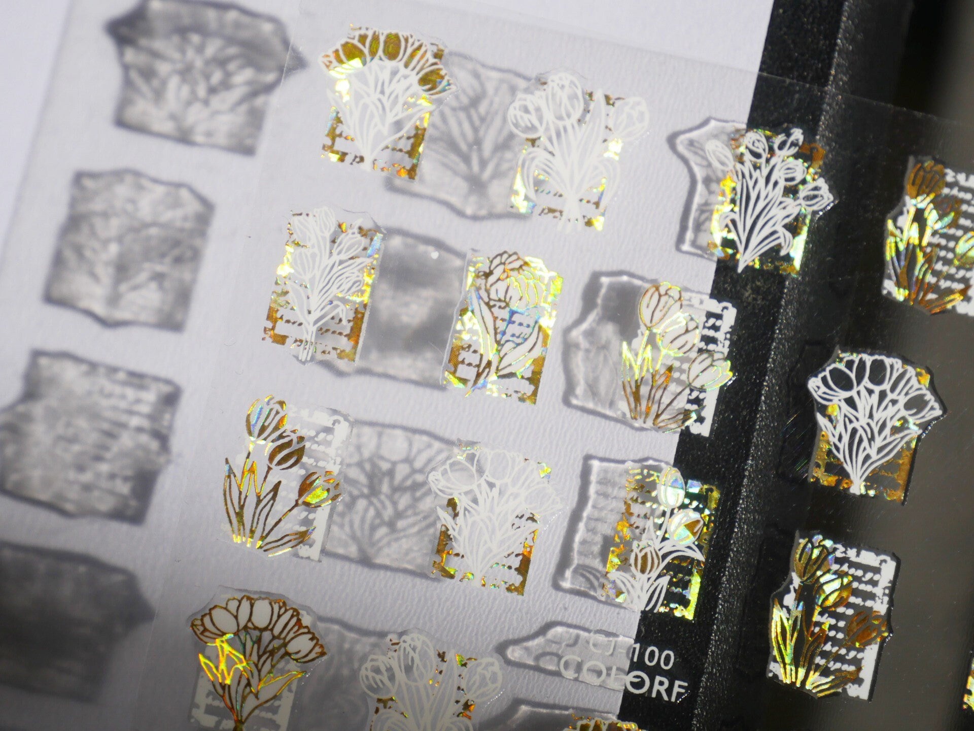 Flower Halo Gold Framed Nail Sticker/ Iridescent Tulip Floral Nail Art Stickers Self Adhesive Decals/ Black White Peel off sticker Manicure