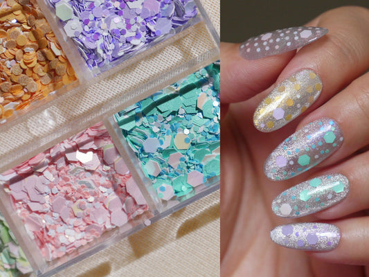 Hexagon&Dots Pearlescent Glitters/ Mixed Size Iridescent Sequins Nail Flakes /Mermaid Round Hexagon Chips Nail Decals