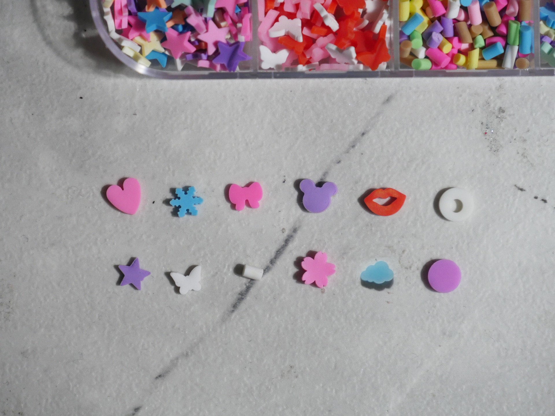12 grids Soft Rubber Cute Decals / Kawaii Candy shapes bow tie lip star cloud nail art decal/ Mini Soft Pottery Crafts Supply