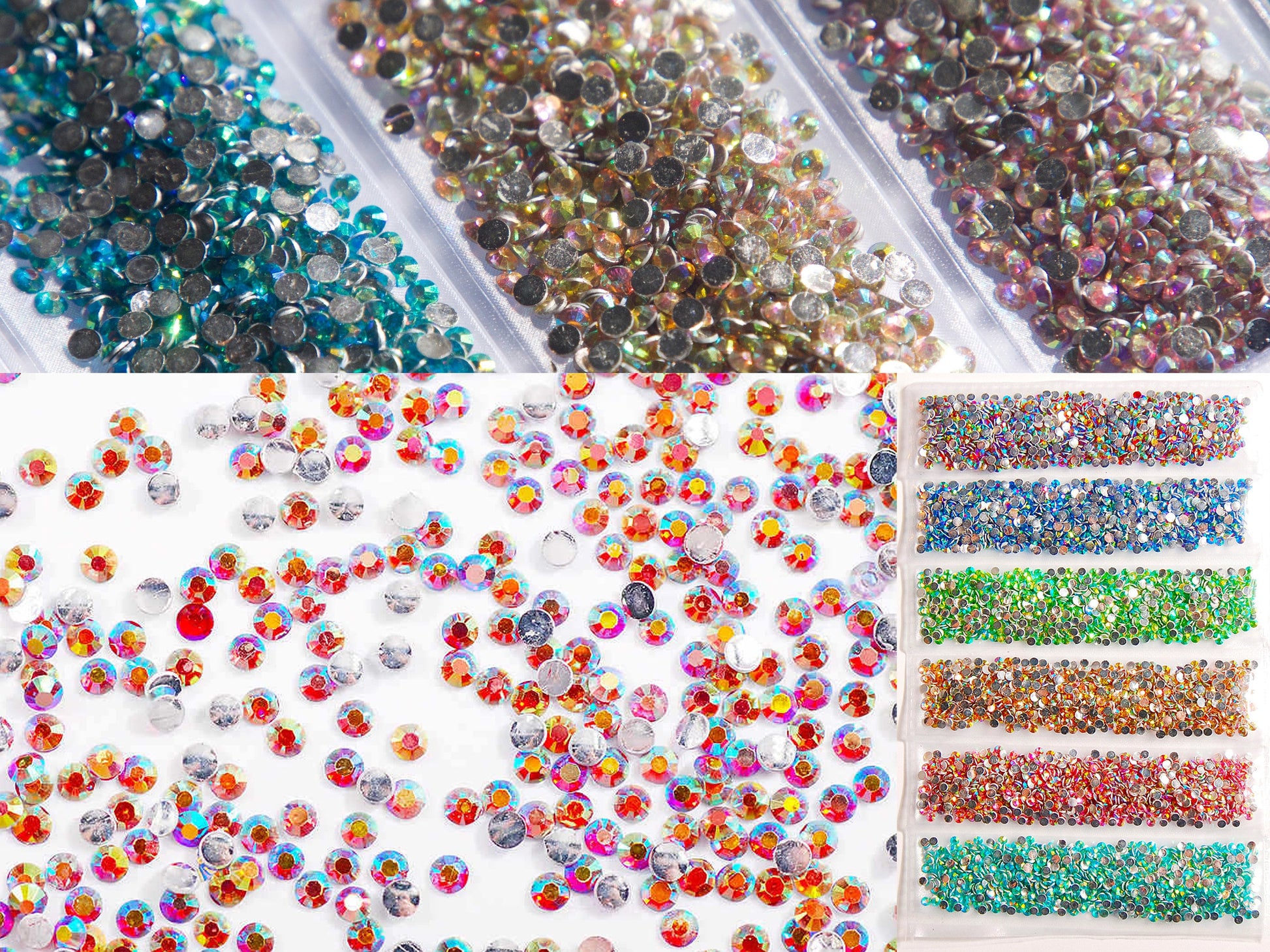 6000pcs Iridescence AB Rhinestone/ 2mm Non Hot fix Flat Nail Art Deco/ Tiny Green Blue Red Round Beads Gem Pearls for 3D Nail Art