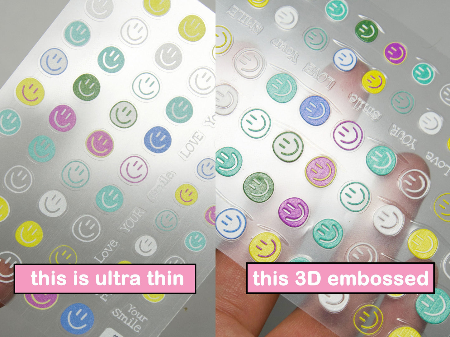 Delightful Smile Face Nail Art Sticker/ Smiley Happy emoji DIY Tips Stickers/ Summer Colorful 3D Embossed Peel off Stencil for manicure