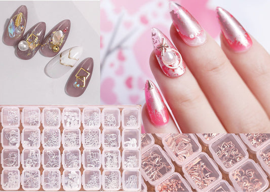 28grids Hollow out Metallic Rivet 3D Nail Studs Metal Decals/ Gold Silver Copper Boho studs/ Gold framed geometry nail deco