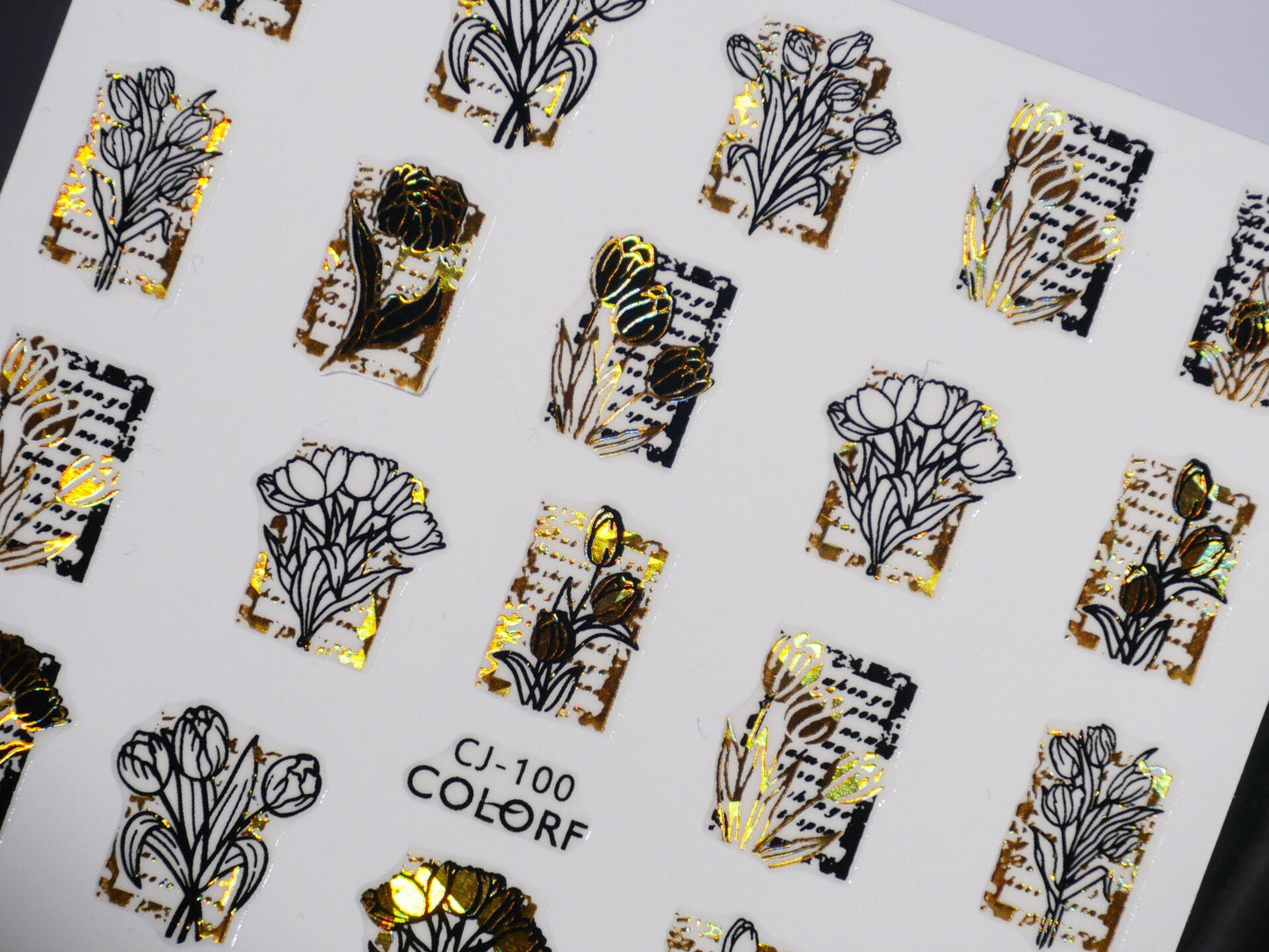 Flower Halo Gold Framed Nail Sticker/ Iridescent Tulip Floral Nail Art Stickers Self Adhesive Decals/ Black White Peel off sticker Manicure