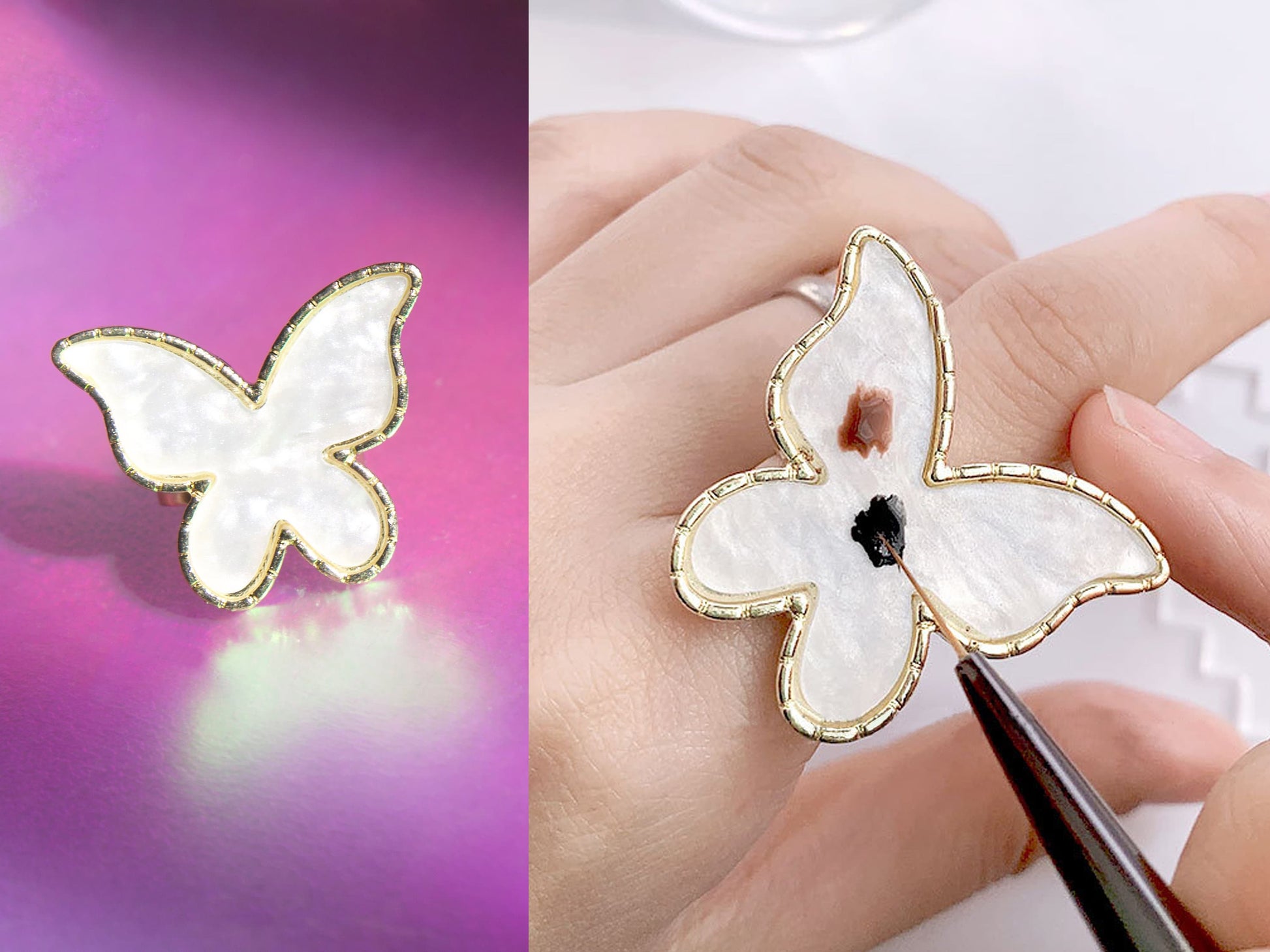 Butterfly Mother Shell Painting Palette Ring/ Golden Edged Finger Dishes Color Mixing Gel Polish Paint Tool/ White Pearlescent Nail Supply