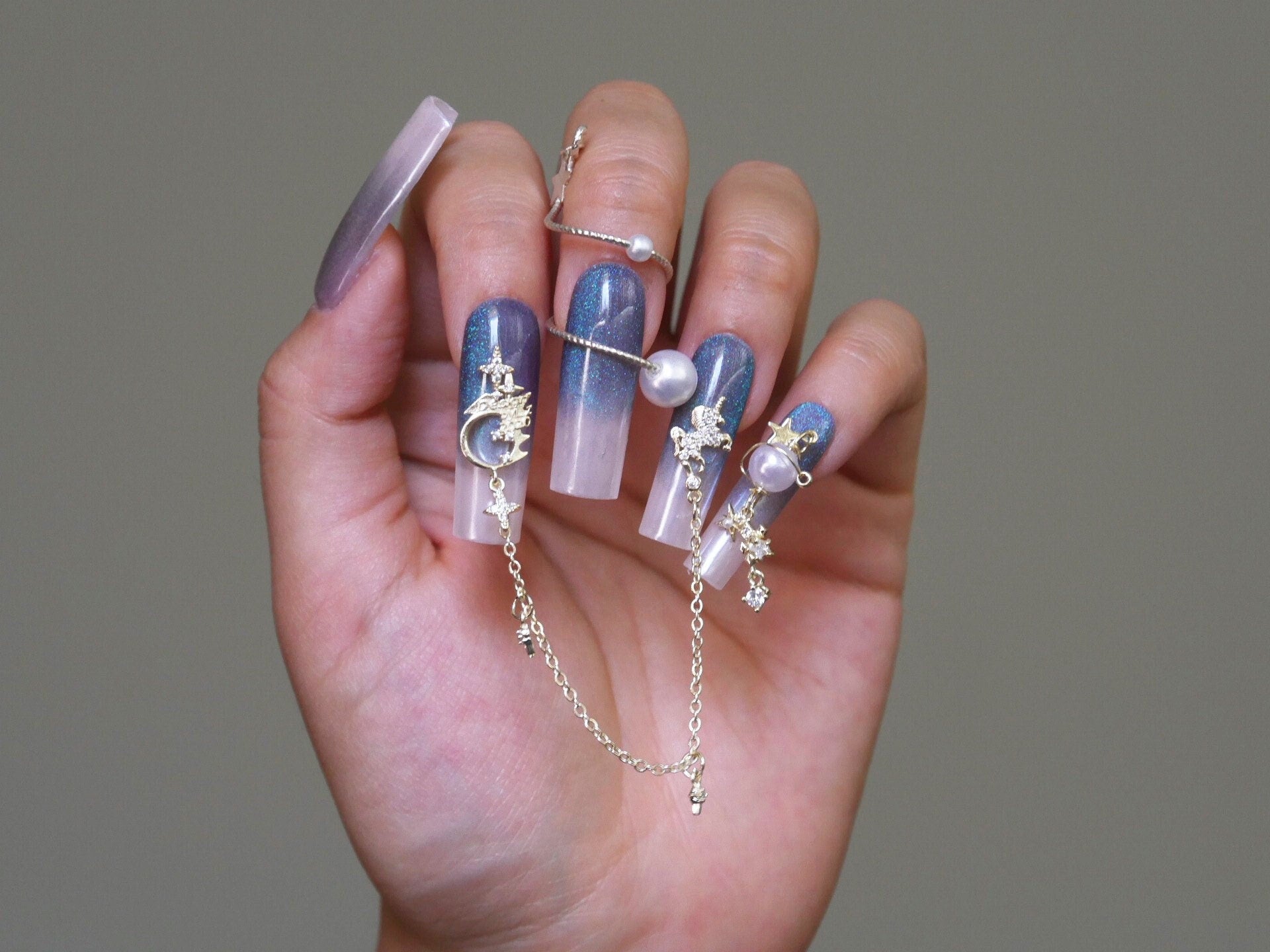 18k Gold Planetary Nail Jewelry/ Exquisite Gold Starry Sky Nail Art Decal/ Dainty 3D Unicorn Stars Planet Theme Nails Charms