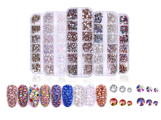 12 grids Rhinestones for Nails Art Decorations / Flat Back Mixed multi colored AB Crystal nail art Decal/ 3D Gemstones Crafts & Manicure