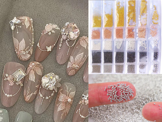 6 Steel Studs Mini Metal Caviar Nails Beads Balls/ Silver Gold nail micro-beads/ Nail Line art Dotting Design Metallic Bead