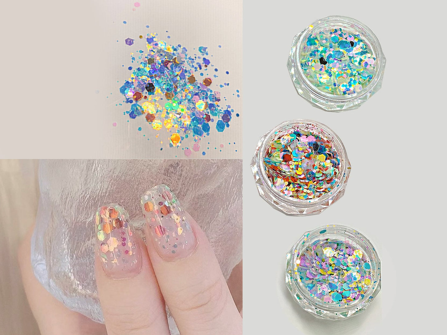 3ct Mixed Hexagonal Glitters/ Colorful Festival Nail Flakes 3D DIY Sequins/ Party Sparkling Nails Crafts Accessories Supply