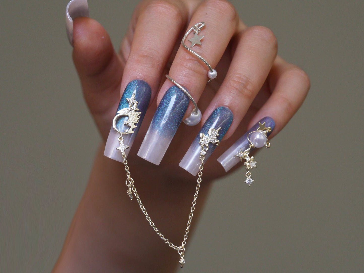 18k Gold Planetary Nail Jewelry/ Exquisite Gold Starry Sky Nail Art Decal/ Dainty 3D Unicorn Stars Planet Theme Nails Charms