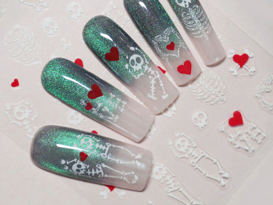 White Skull Bone & Heart Nail Sticker/ Skeleton Love Red Hearts Bones Skulls Nail Art Stickers/ Halloween Horror Party nail decals
