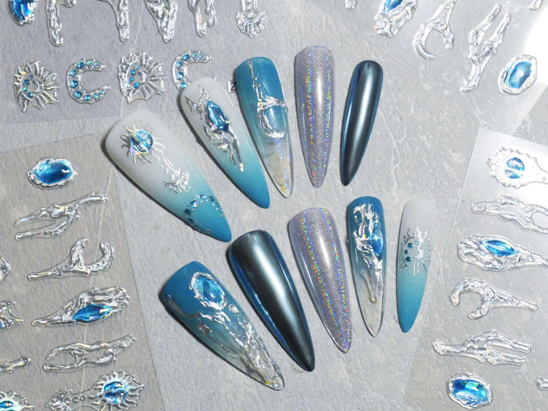 Blue Gems Jelly Nails Sticker/ 3D Halo imitation hand-painted Peel off Stickers/ Blue Ocean Gems Moon Abstract Artistic Lines Manicure