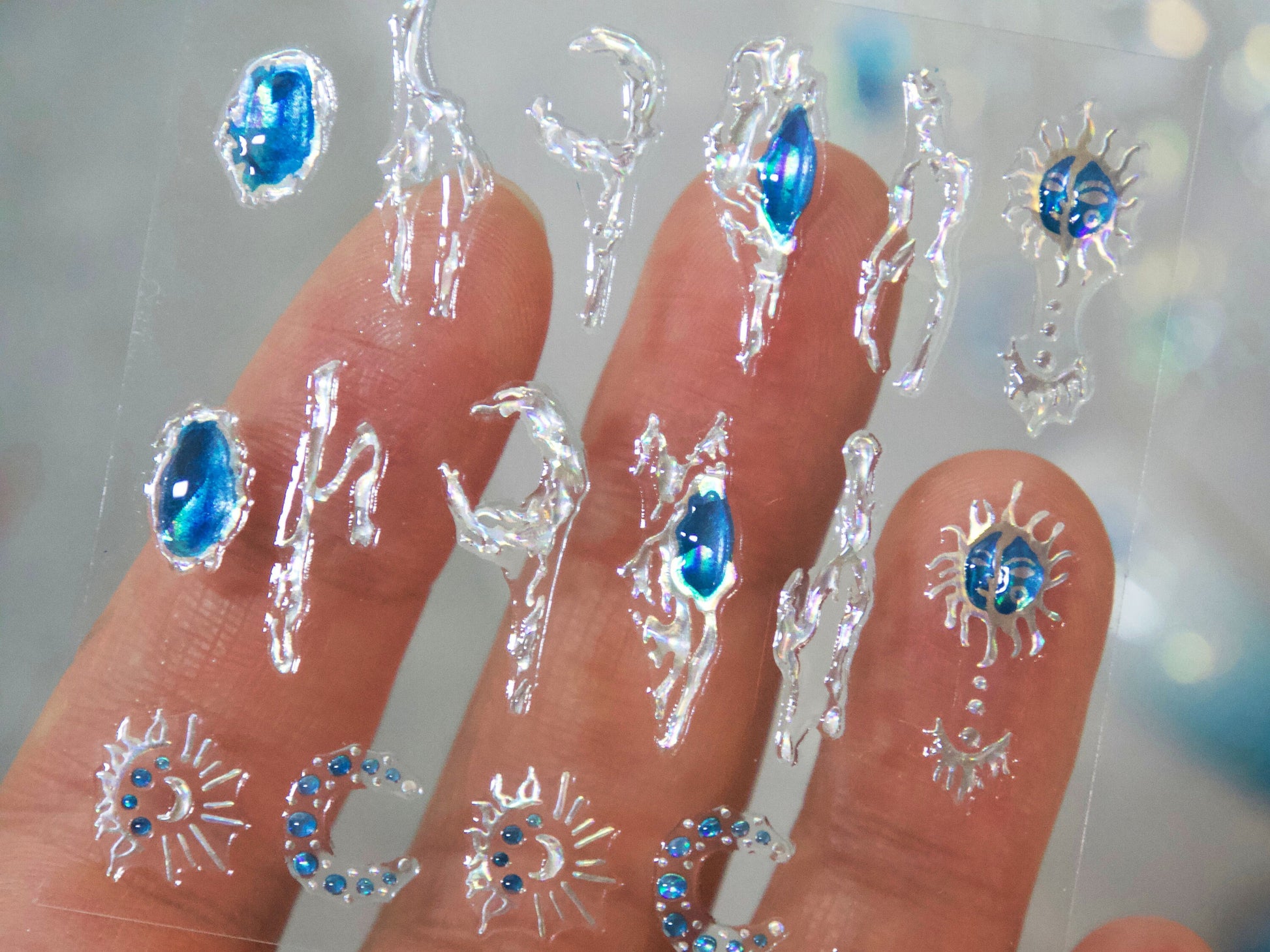 Blue Gems Jelly Nails Sticker/ 3D Halo imitation hand-painted Peel off Stickers/ Blue Ocean Gems Moon Abstract Artistic Lines Manicure