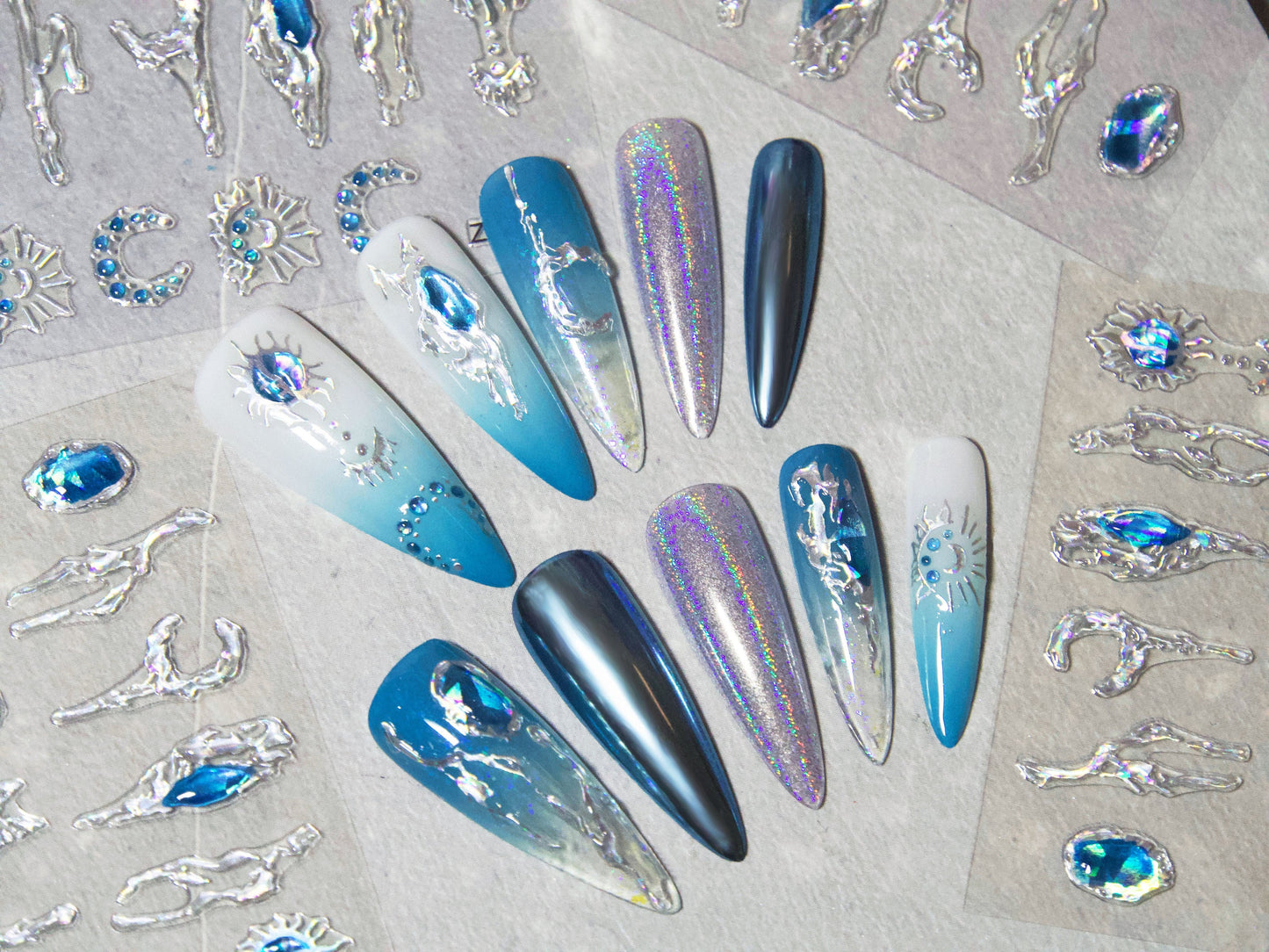 Blue Gems Jelly Nails Sticker/ 3D Halo imitation hand-painted Peel off Stickers/ Blue Ocean Gems Moon Abstract Artistic Lines Manicure