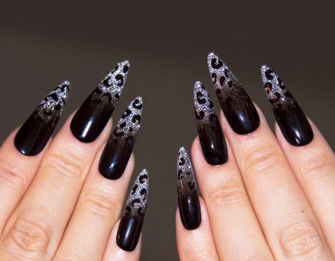 Black Silver Dazzling Tip Gradient Leopard Print Reflective Shiny Customized Press on Nails