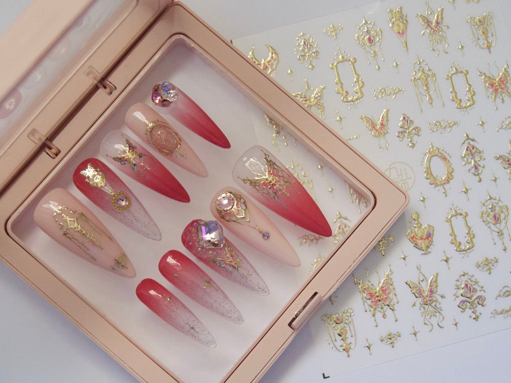 Pink Ombre with Gilding Gold Butterfly Vintage k9 Pile Rhinestones Customized Press on Nail for Christmas