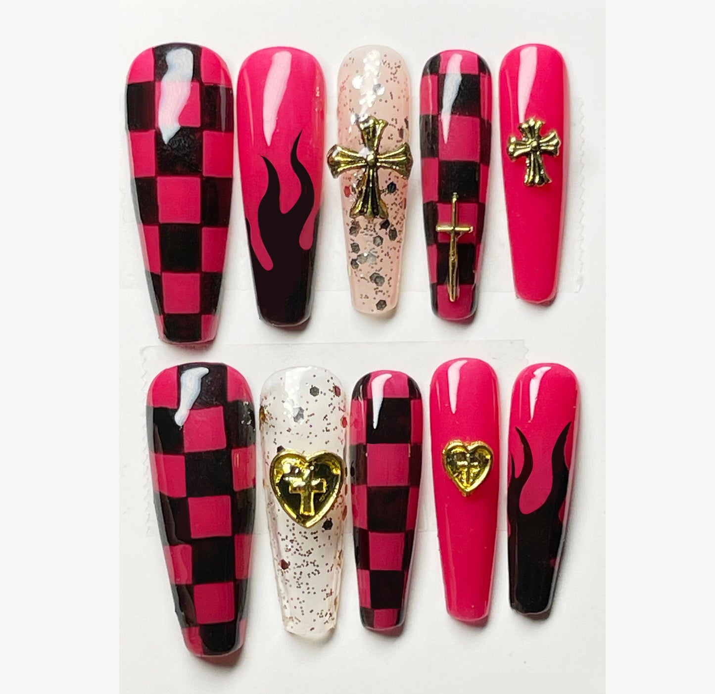 Hot Pink Black Plaid Cross y2k Flame Punk Customized Press on Nail
