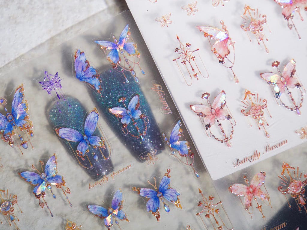 Morpho Reflective Butterfly Chandelier Nail sticker/ Seashell Iridescent Dazzling Rainbow Hue Vintage Princess 3D Stickers for Nails Art