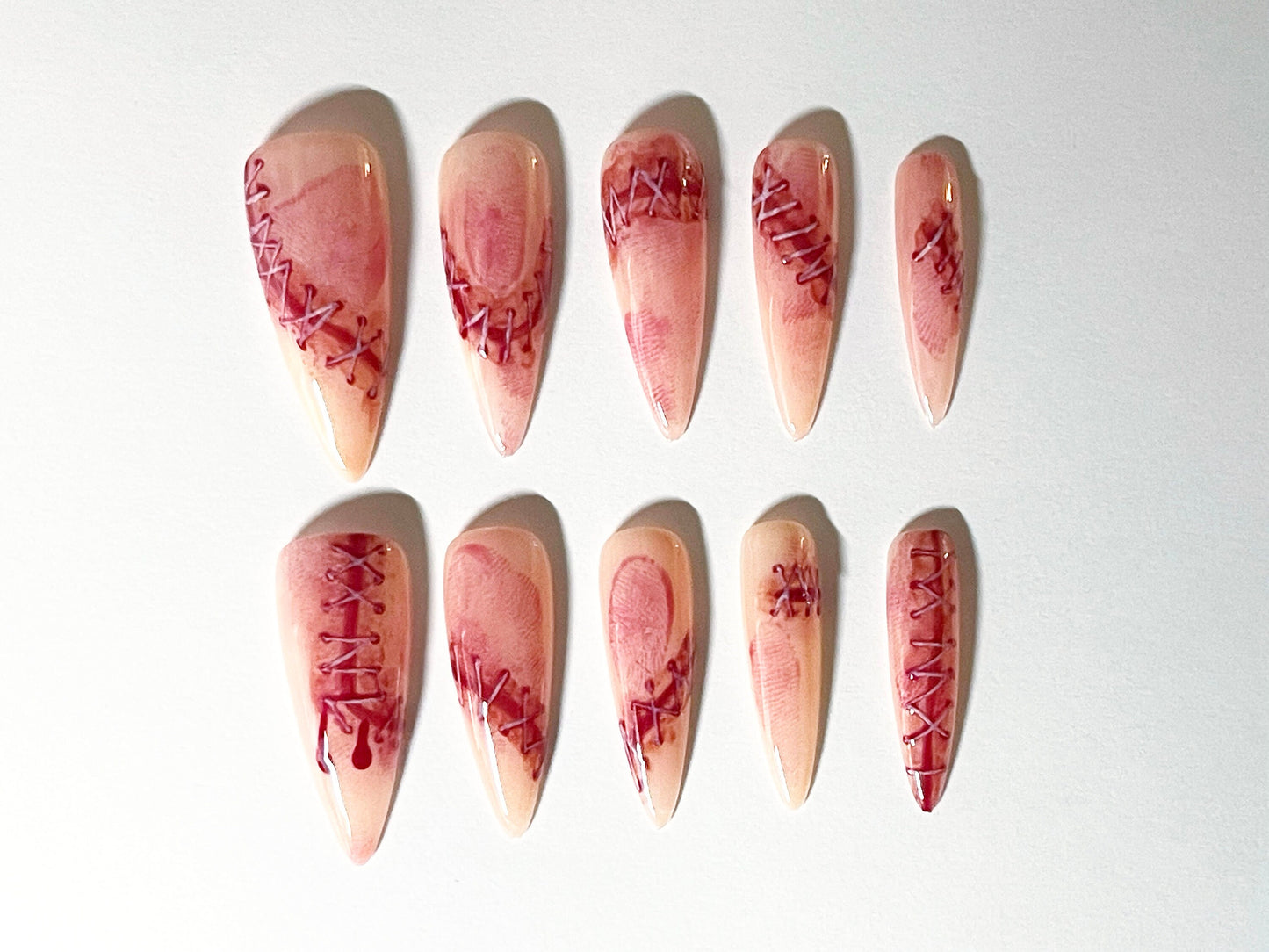 Halloween Horror Unveiled Bleeding Surgical Sutures and Bloody Fingerprints Customized Press on Nails- Made in USA, Hand painted.
