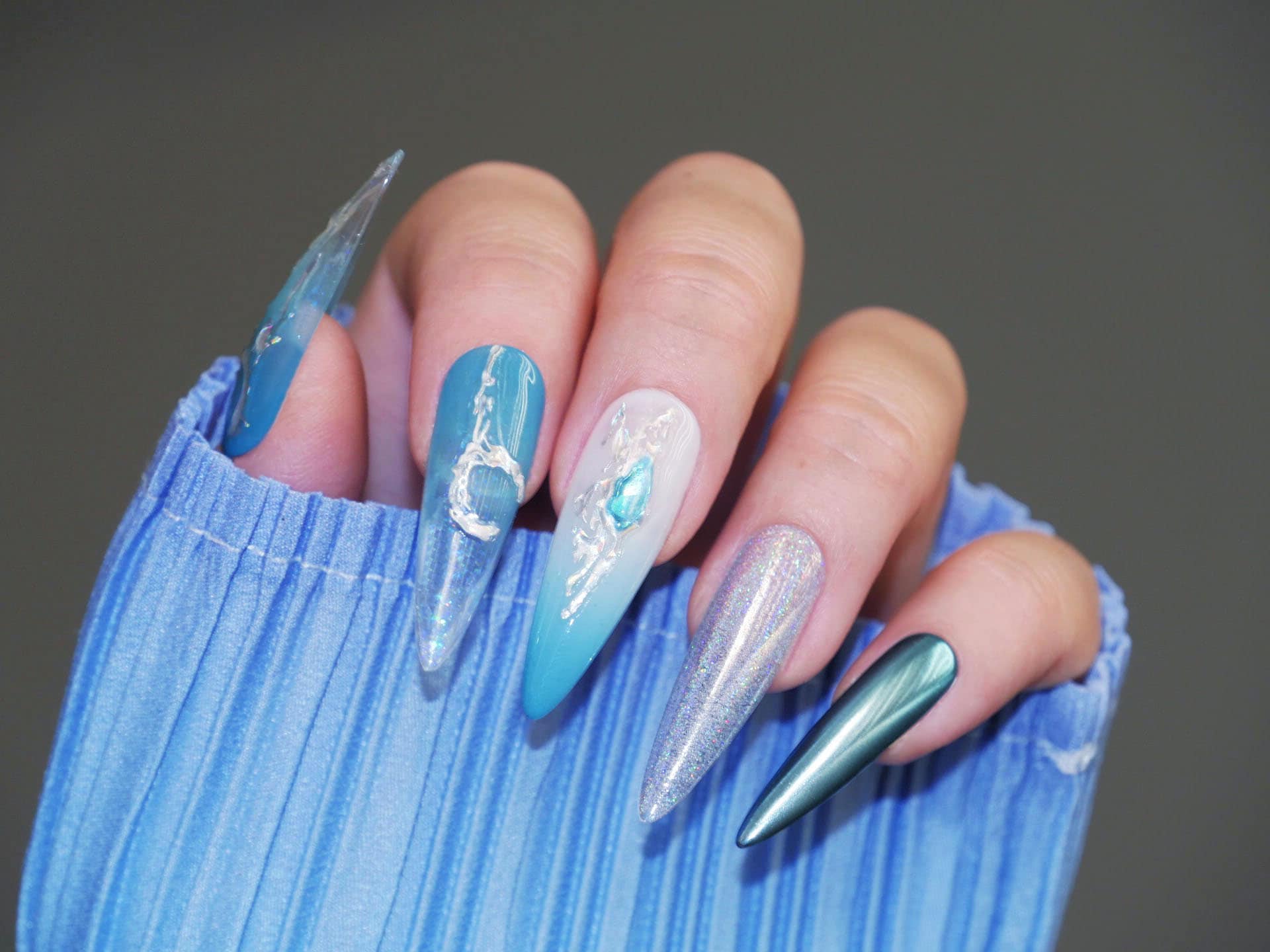 Blue Gems Jelly Nails Sticker/ 3D Halo imitation hand-painted Peel off Stickers/ Blue Ocean Gems Moon Abstract Artistic Lines Manicure