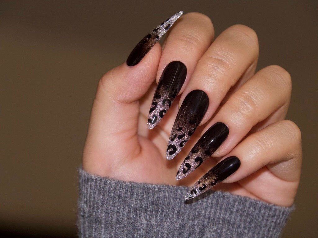 Black Silver Dazzling Tip Gradient Leopard Print Reflective Shiny Customized Press on Nails